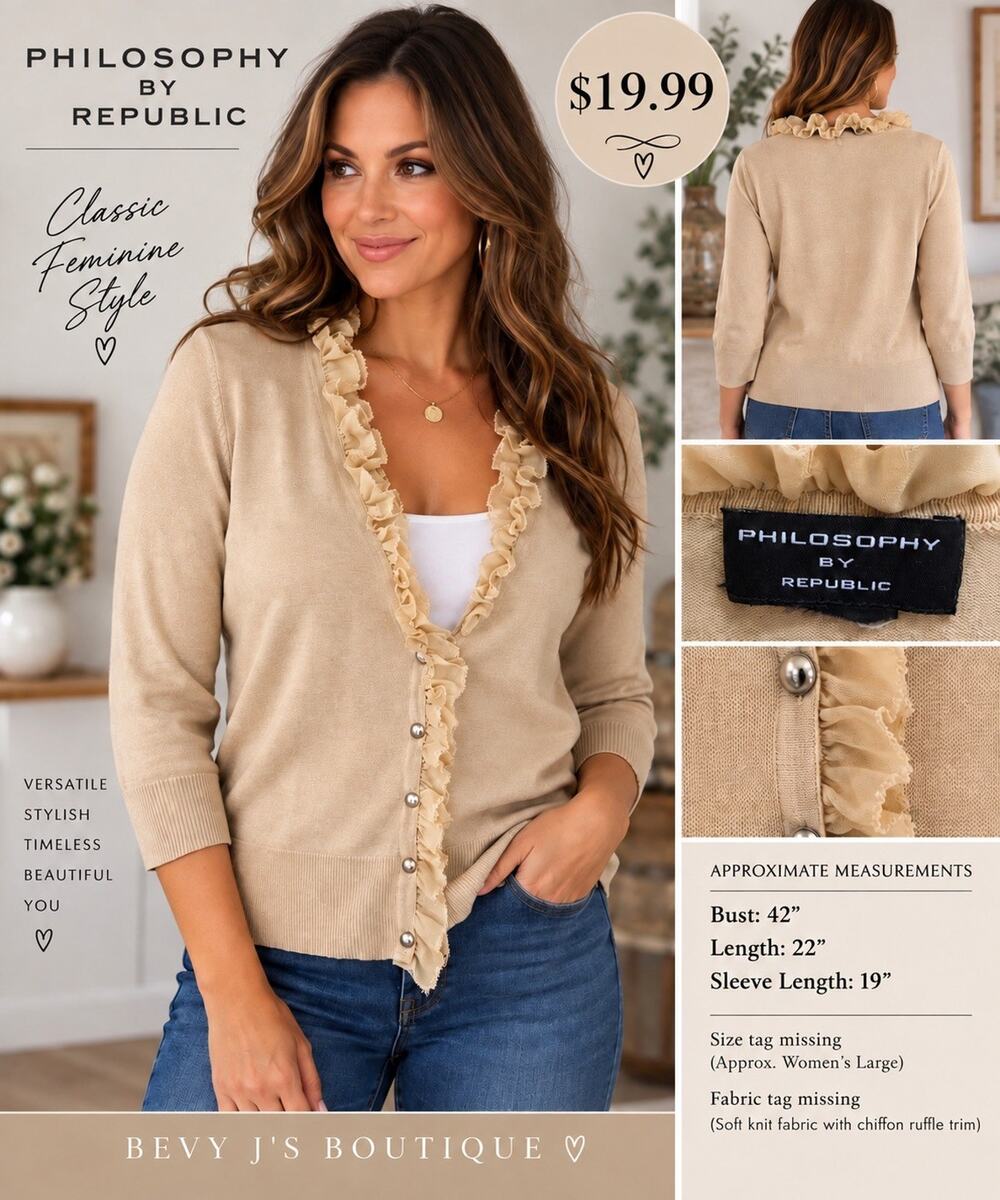 Philosophy by Republic Beige V-Neck Cardigan Knit Sweater Ruffle Long Sleeve LG